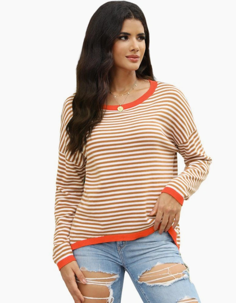 Brown Contrast Trimmed Striped Drop Shoulder Sweater