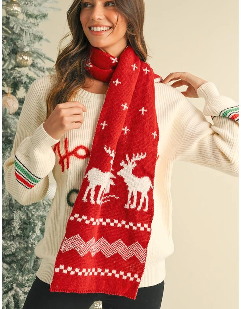 Azura Exchange Burgundy Elk Christmas Tree Print Knitted Scarf
