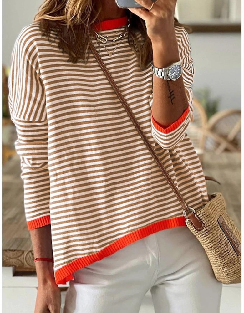 Brown Contrast Trimmed Striped Drop Shoulder Sweater