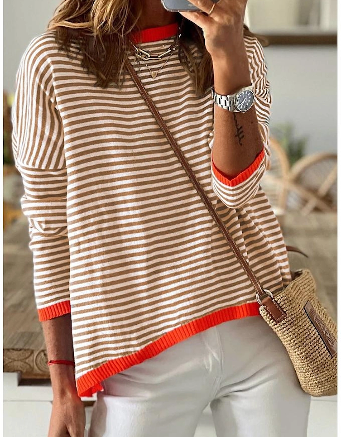 Brown Contrast Trimmed Striped Drop Shoulder Sweater