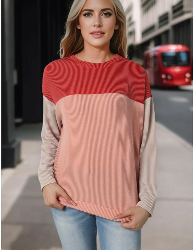 Red Color Block Long Sleeve Ribbed Loose Top
