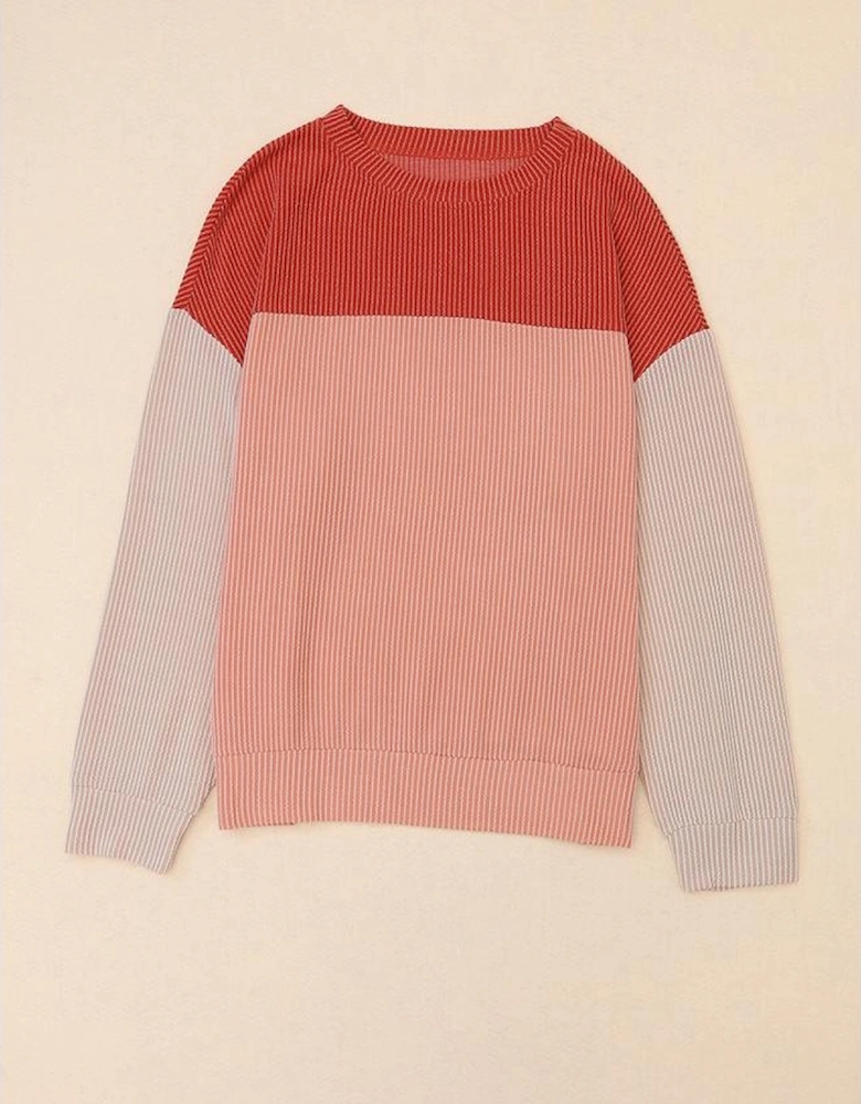 Red Color Block Long Sleeve Ribbed Loose Top