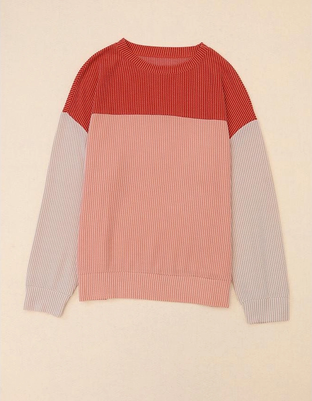 Red Color Block Long Sleeve Ribbed Loose Top