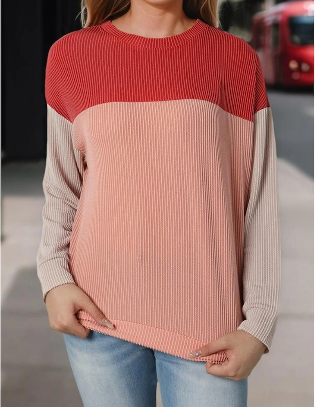 Red Color Block Long Sleeve Ribbed Loose Top