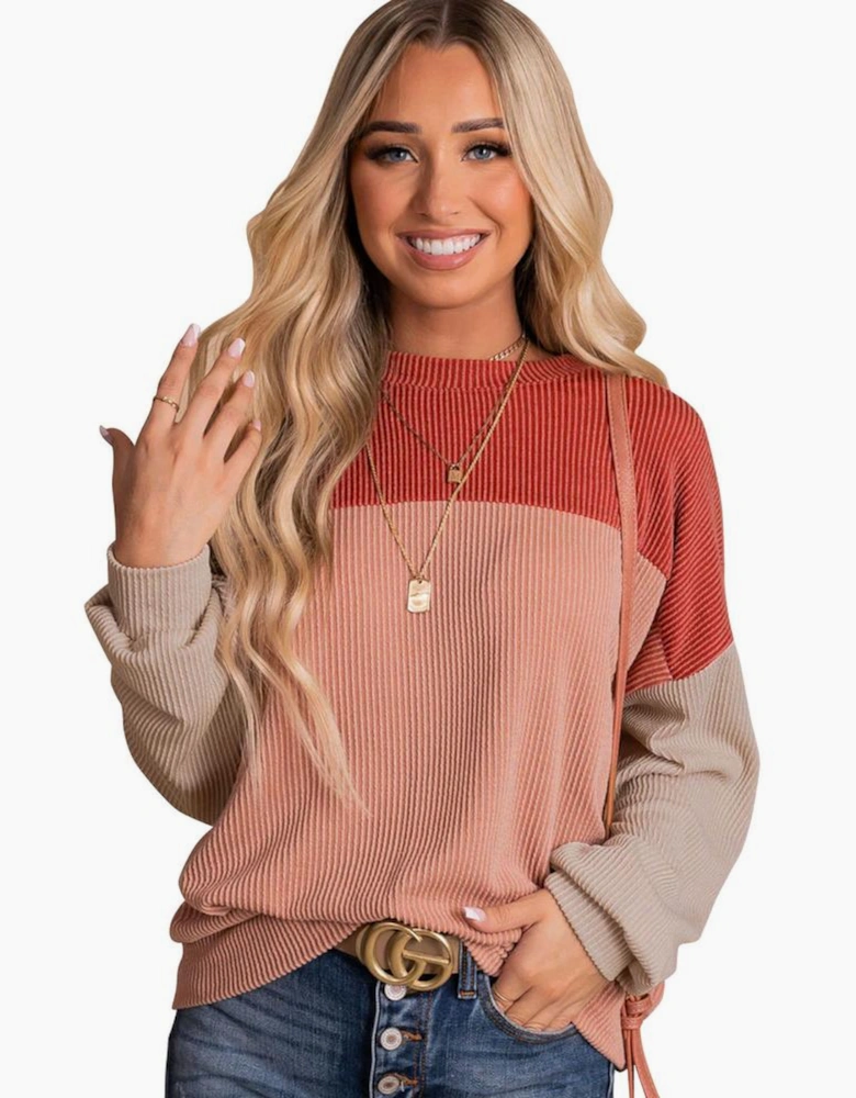 Red Color Block Long Sleeve Ribbed Loose Top