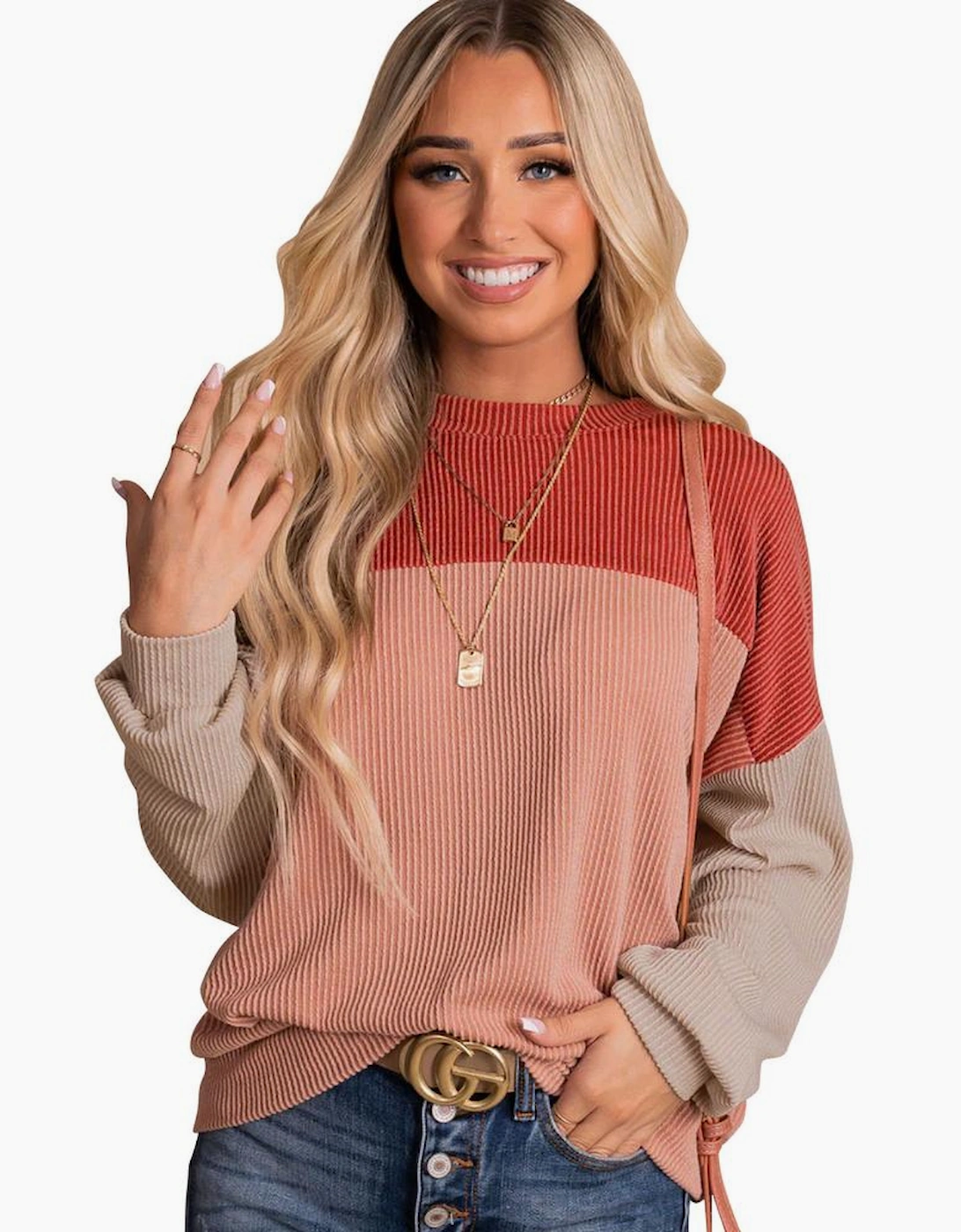 Red Color Block Long Sleeve Ribbed Loose Top