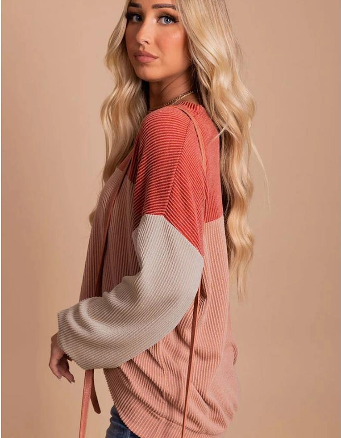 Red Color Block Long Sleeve Ribbed Loose Top