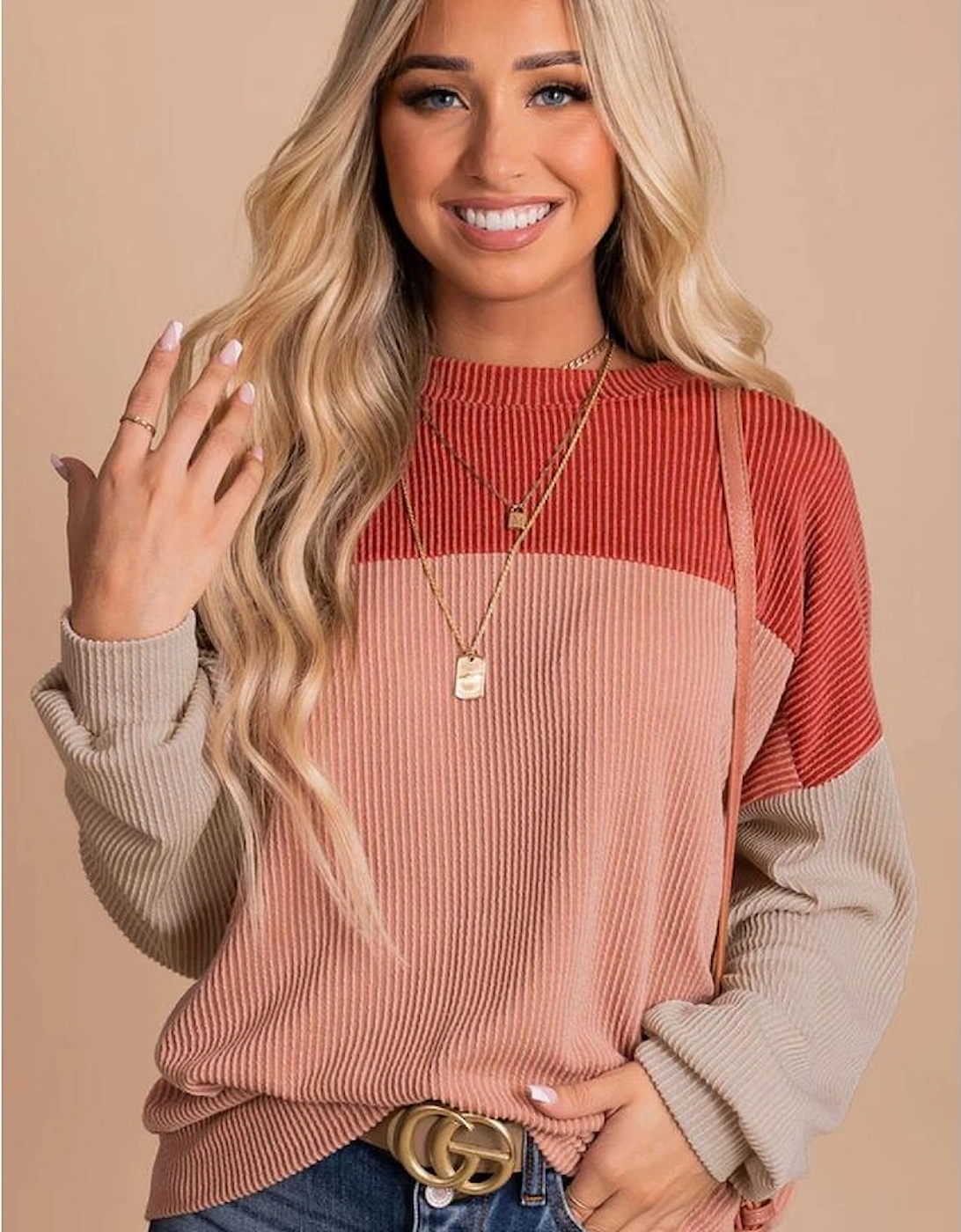 Red Color Block Long Sleeve Ribbed Loose Top