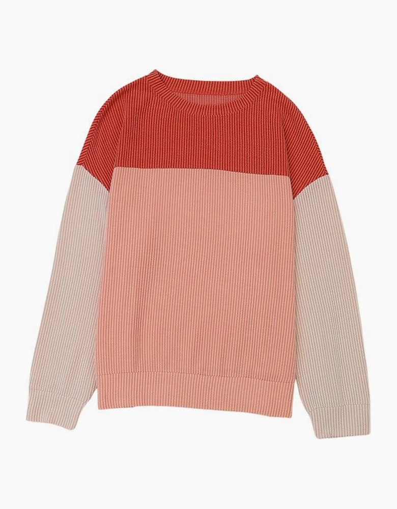 Red Color Block Long Sleeve Ribbed Loose Top