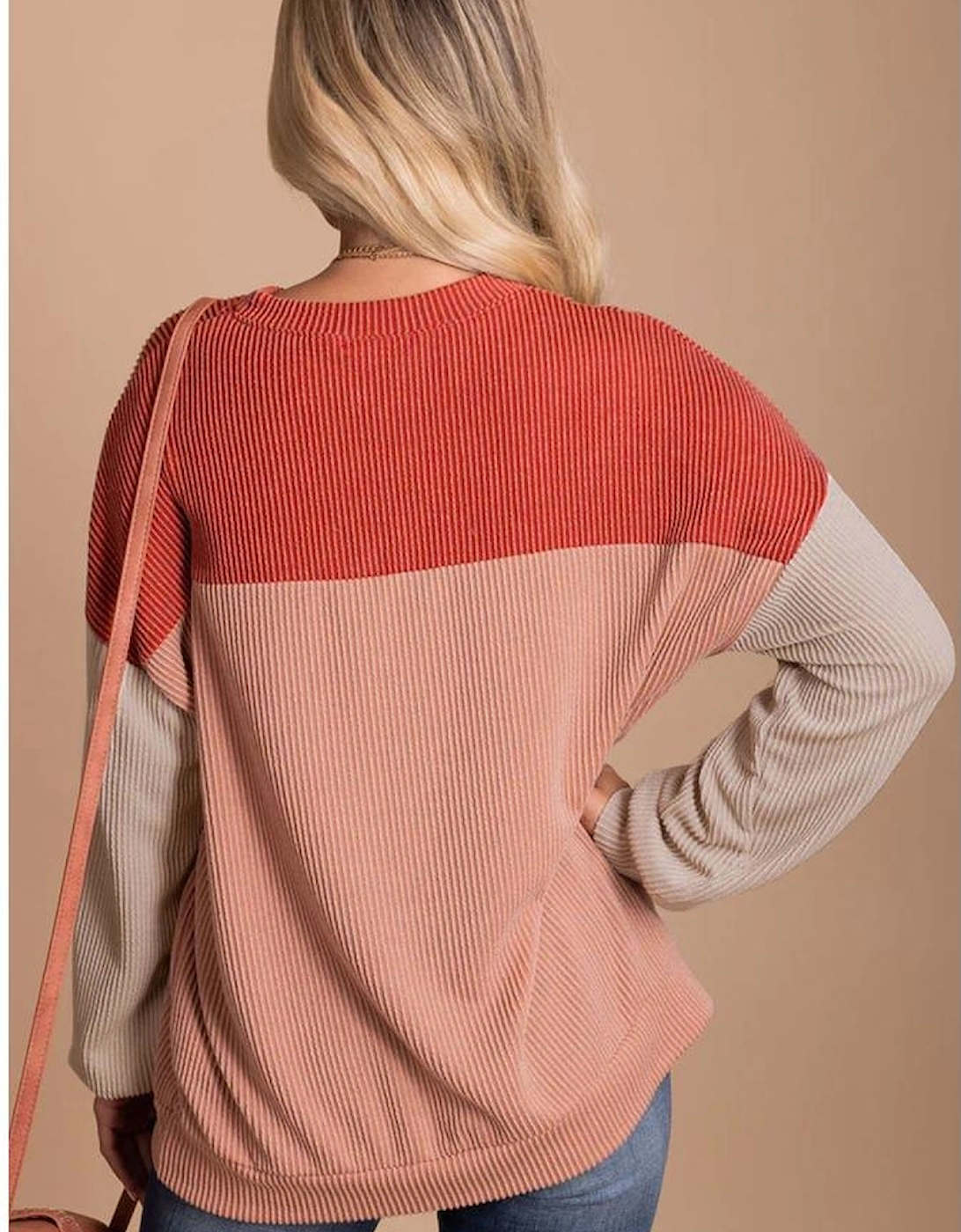 Red Color Block Long Sleeve Ribbed Loose Top
