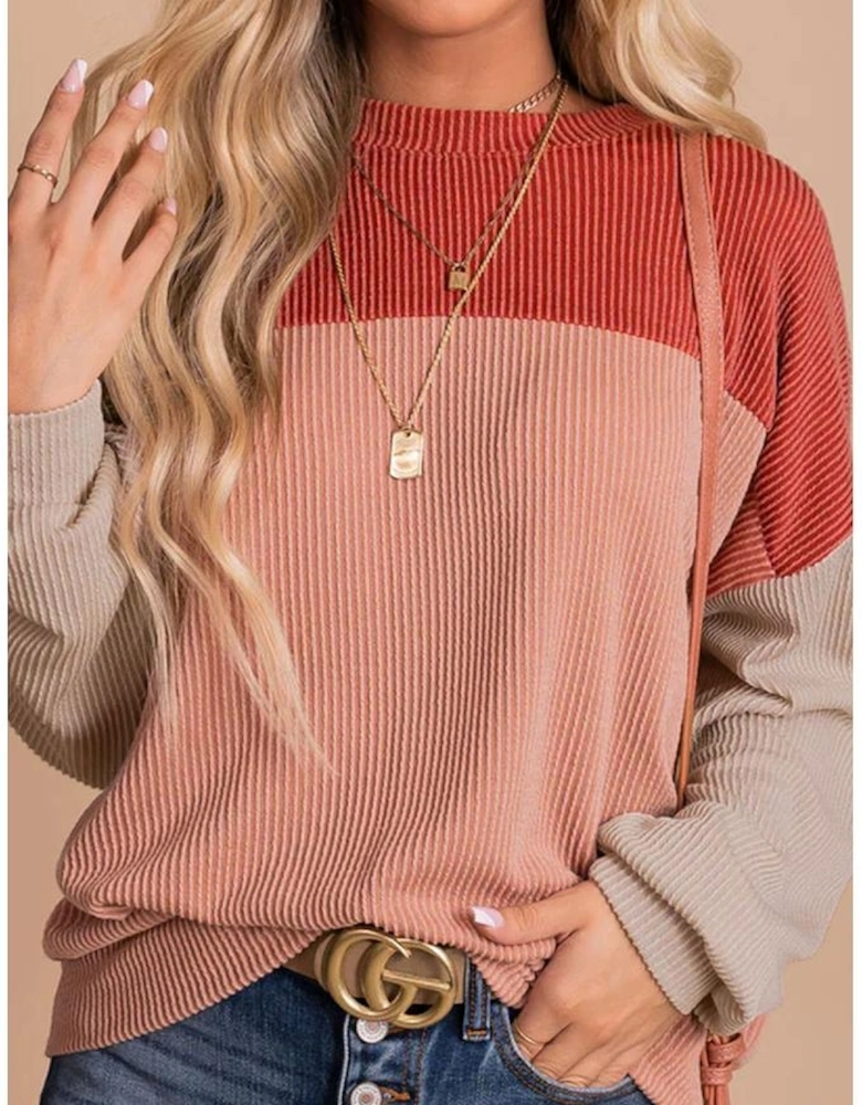 Red Color Block Long Sleeve Ribbed Loose Top
