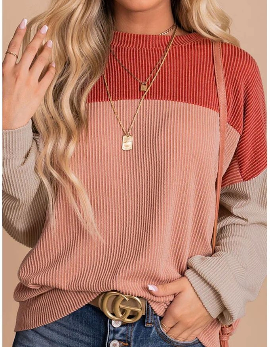 Red Color Block Long Sleeve Ribbed Loose Top