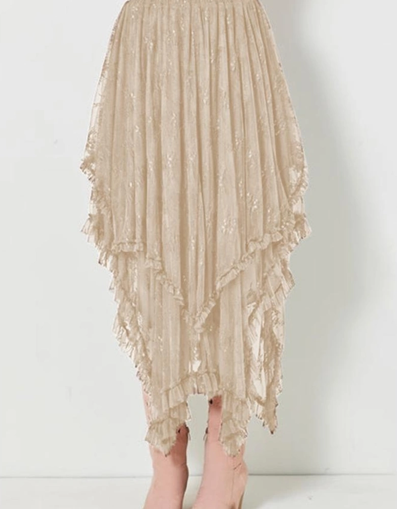 Apricot Lace Cascading Tiered High Waist Maxi Skirt
