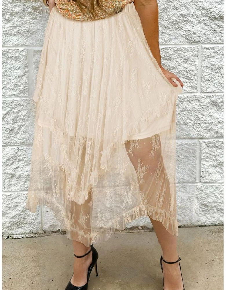 Apricot Lace Cascading Tiered High Waist Maxi Skirt