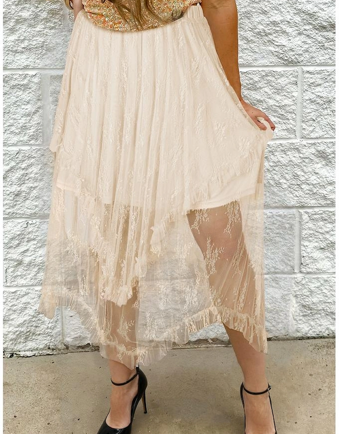 Apricot Lace Cascading Tiered High Waist Maxi Skirt