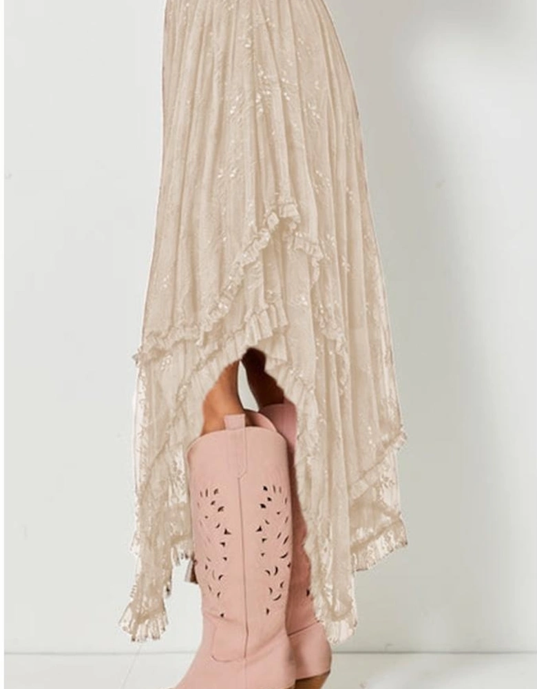 Apricot Lace Cascading Tiered High Waist Maxi Skirt