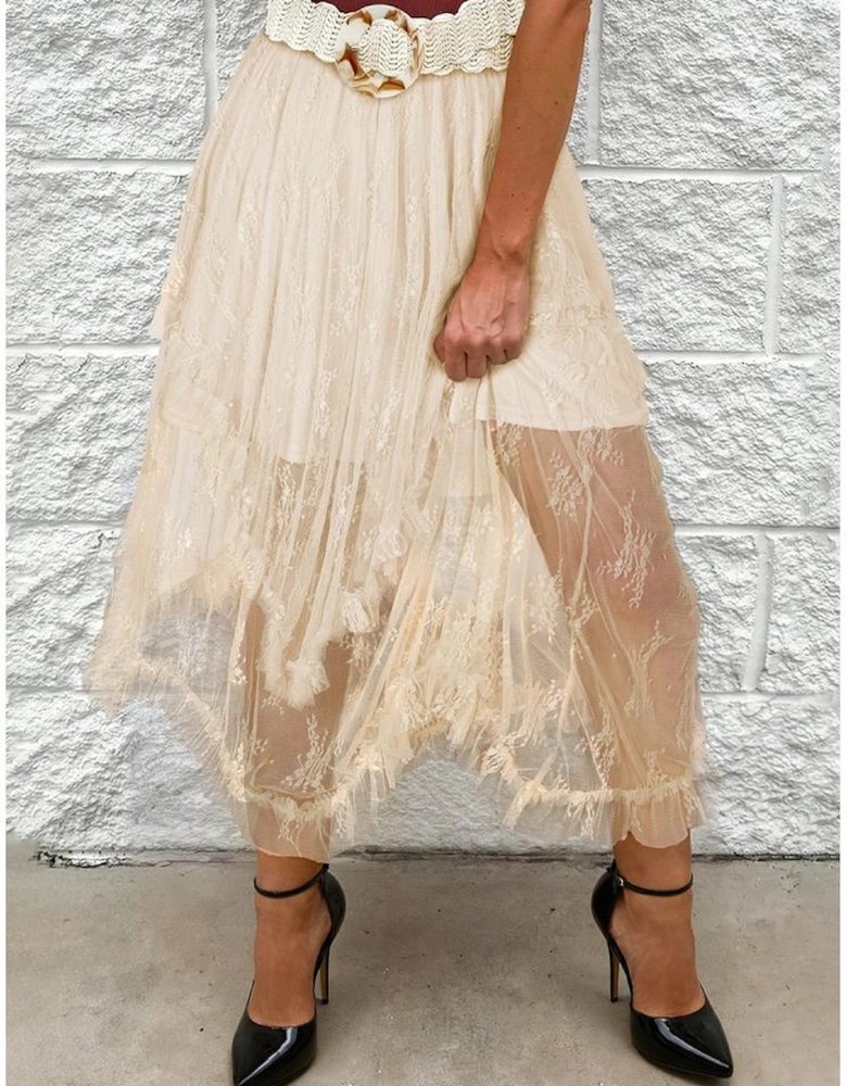 Apricot Lace Cascading Tiered High Waist Maxi Skirt