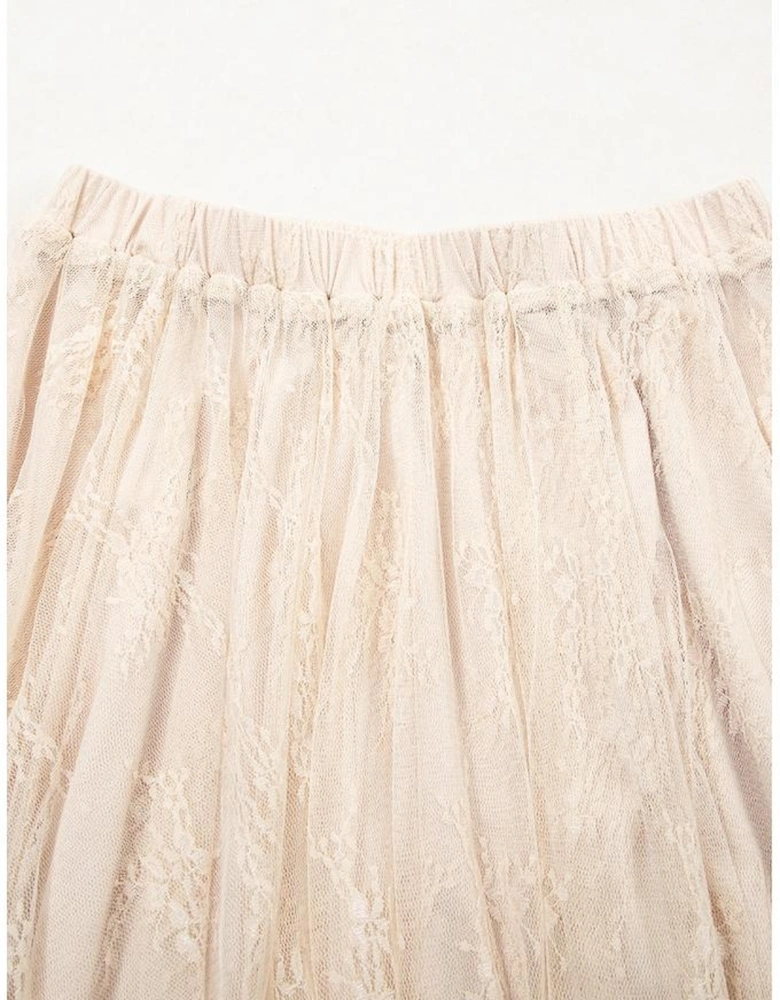 Apricot Lace Cascading Tiered High Waist Maxi Skirt
