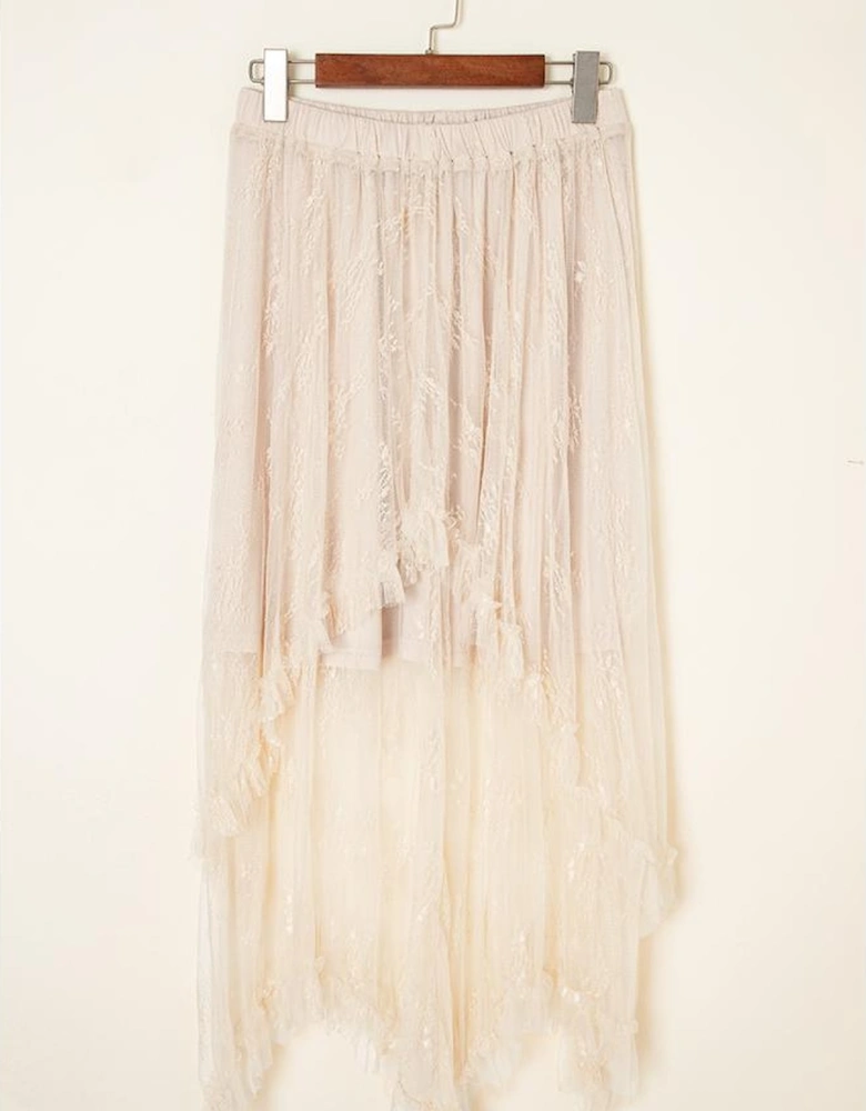 Apricot Lace Cascading Tiered High Waist Maxi Skirt