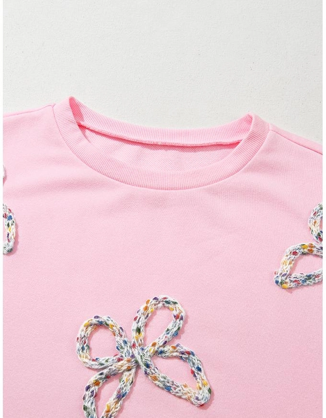 Light Pink Embroidered Bow Lantern Sleeve Oversized Pullover Sweatshirt