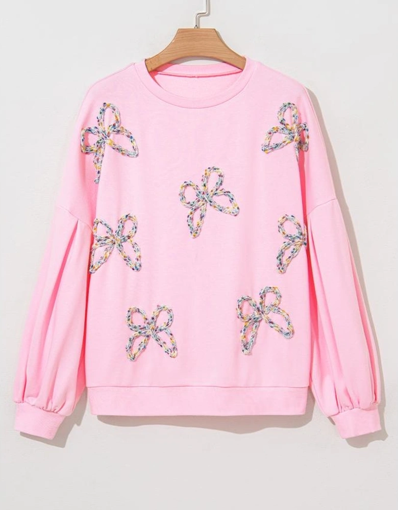 Light Pink Embroidered Bow Lantern Sleeve Oversized Pullover Sweatshirt