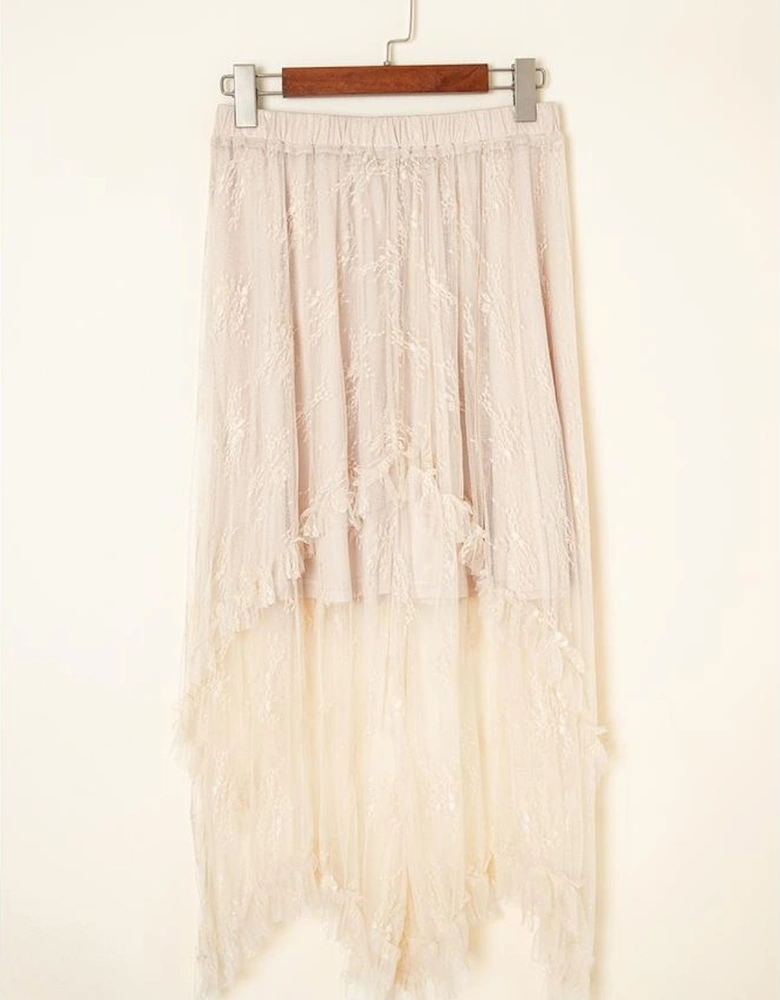 Apricot Lace Cascading Tiered High Waist Maxi Skirt