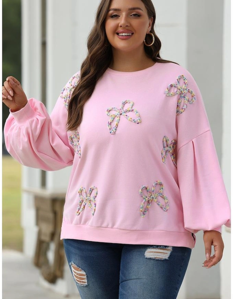 Light Pink Embroidered Bow Lantern Sleeve Oversized Pullover Sweatshirt