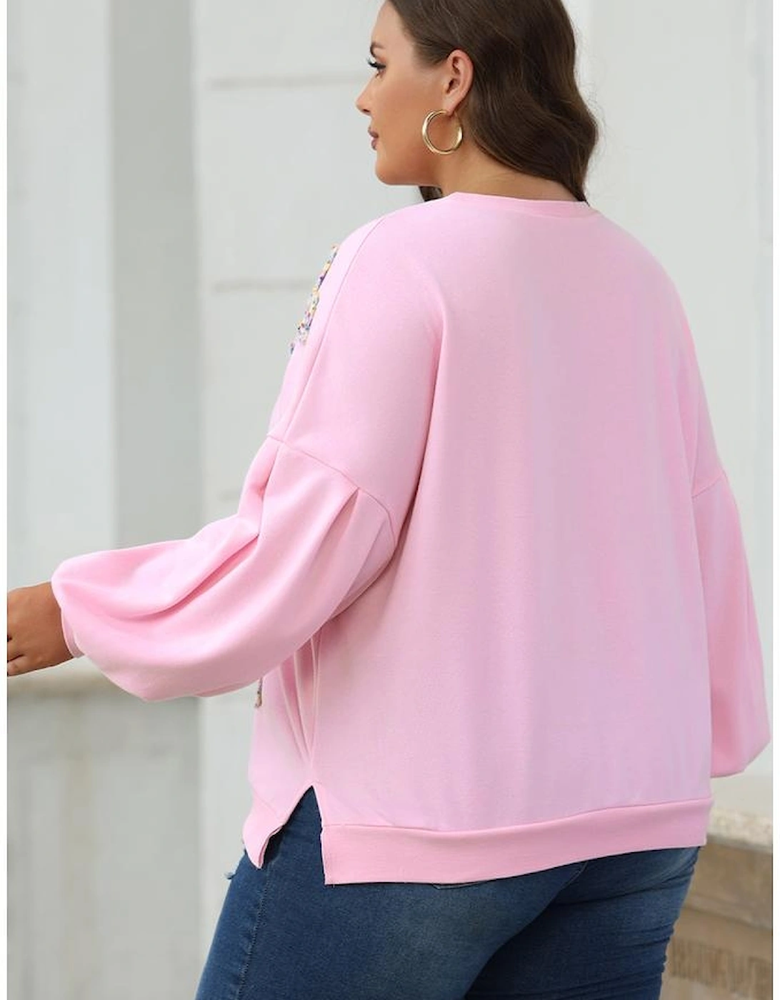 Light Pink Embroidered Bow Lantern Sleeve Oversized Pullover Sweatshirt