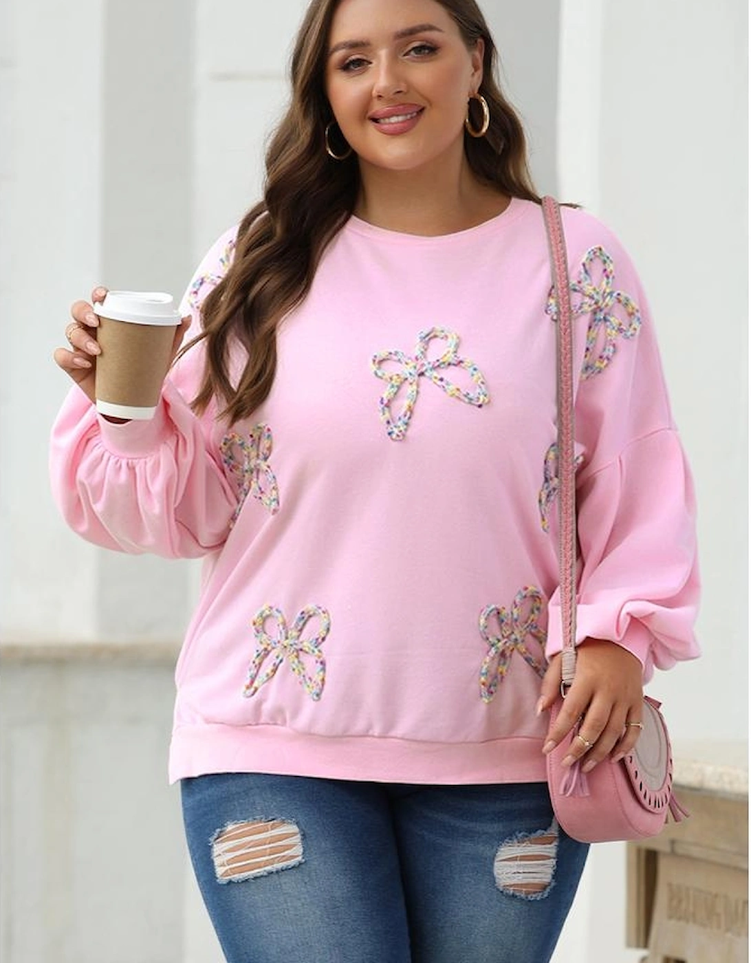 Light Pink Embroidered Bow Lantern Sleeve Oversized Pullover Sweatshirt