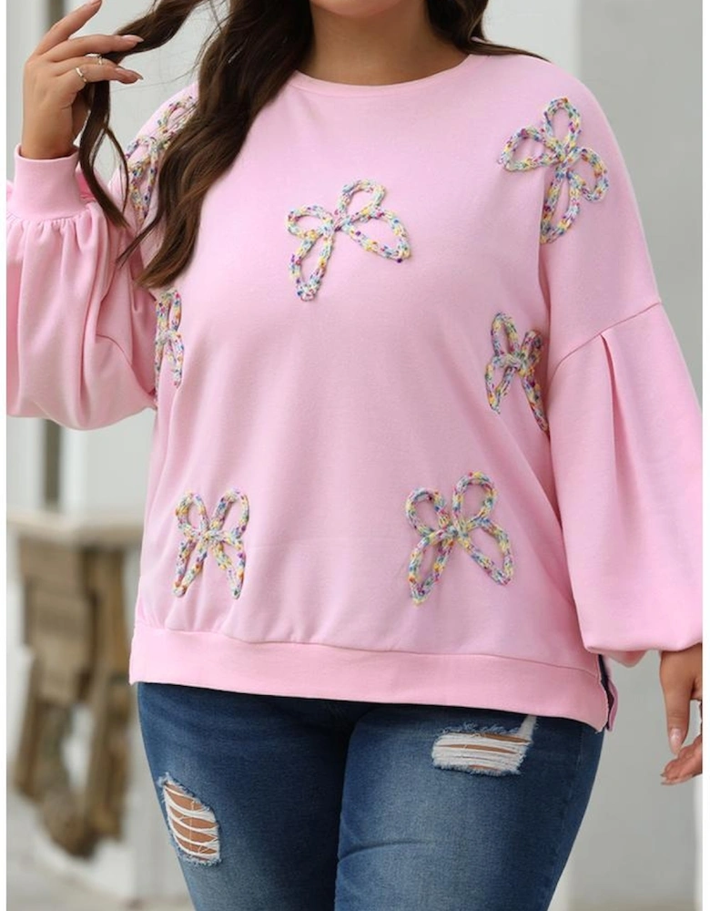 Light Pink Embroidered Bow Lantern Sleeve Oversized Pullover Sweatshirt