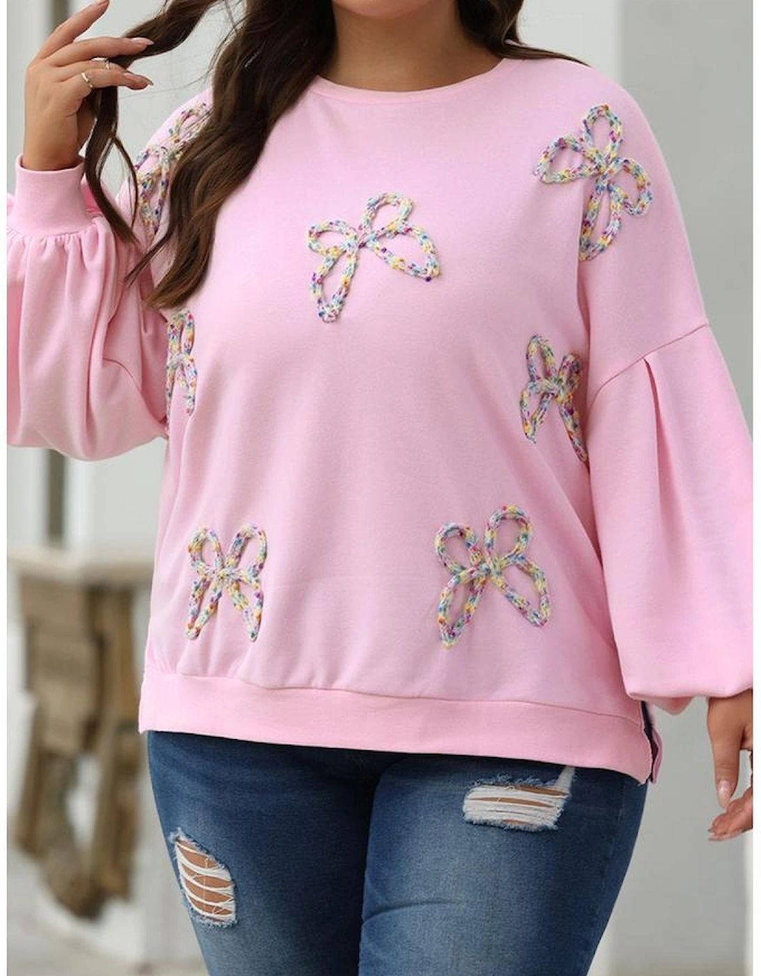 Light Pink Embroidered Bow Lantern Sleeve Oversized Pullover Sweatshirt
