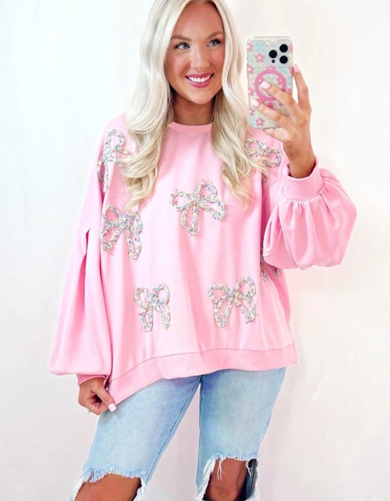 Light Pink Embroidered Bow Lantern Sleeve Oversized Pullover Sweatshirt