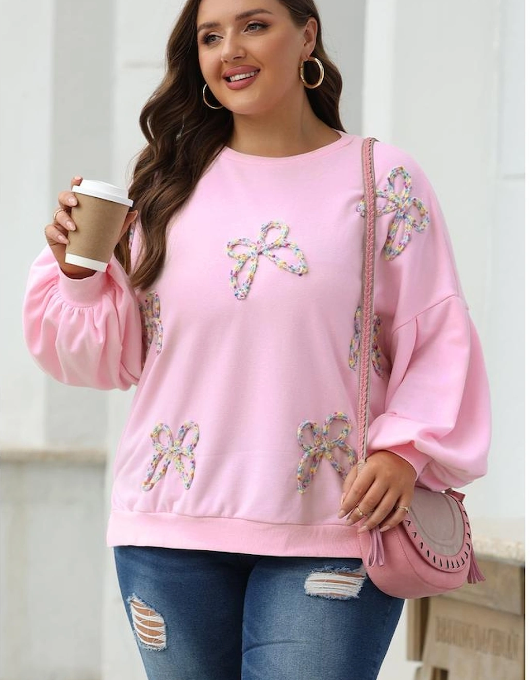 Light Pink Embroidered Bow Lantern Sleeve Oversized Pullover Sweatshirt
