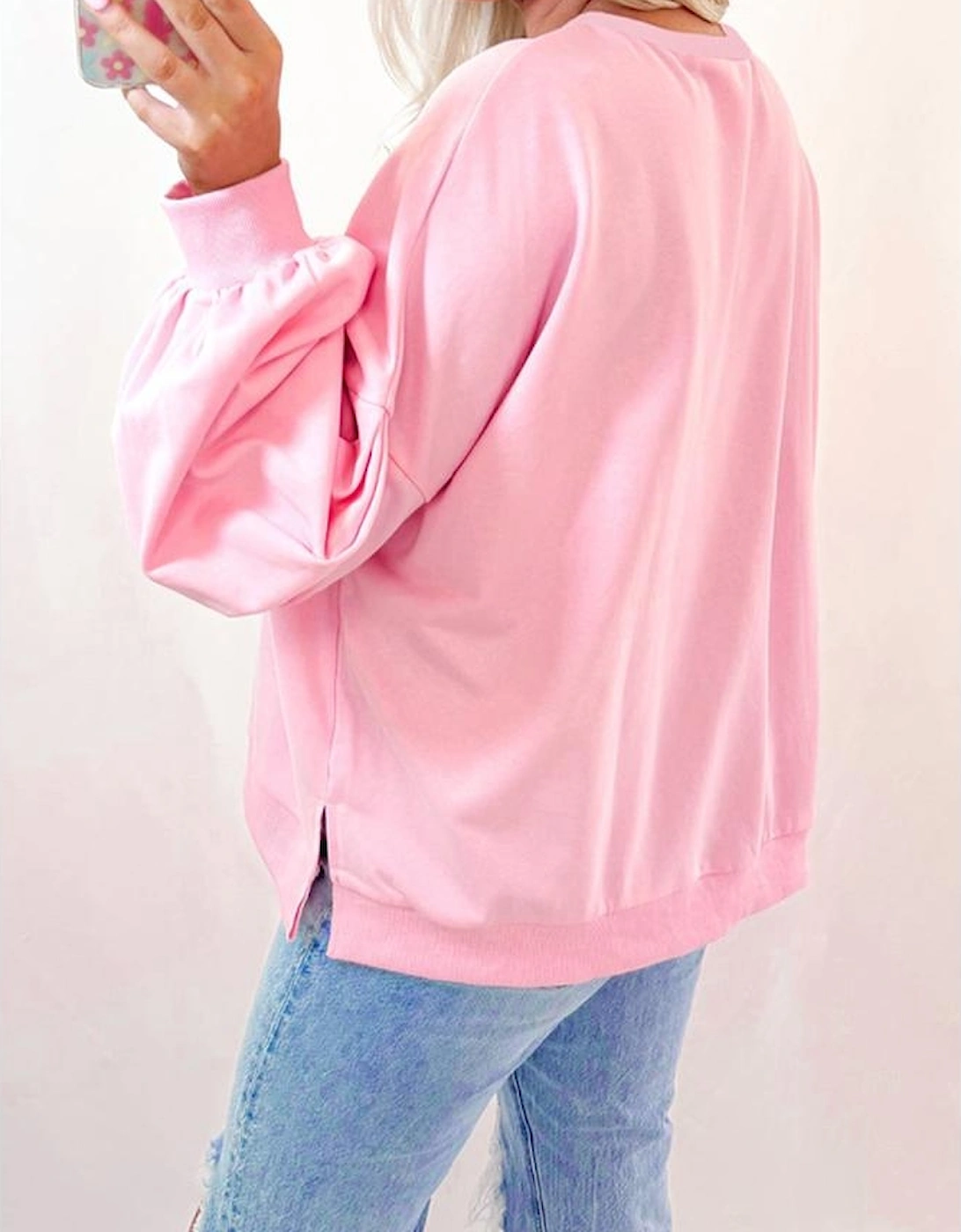 Light Pink Embroidered Bow Lantern Sleeve Oversized Pullover Sweatshirt