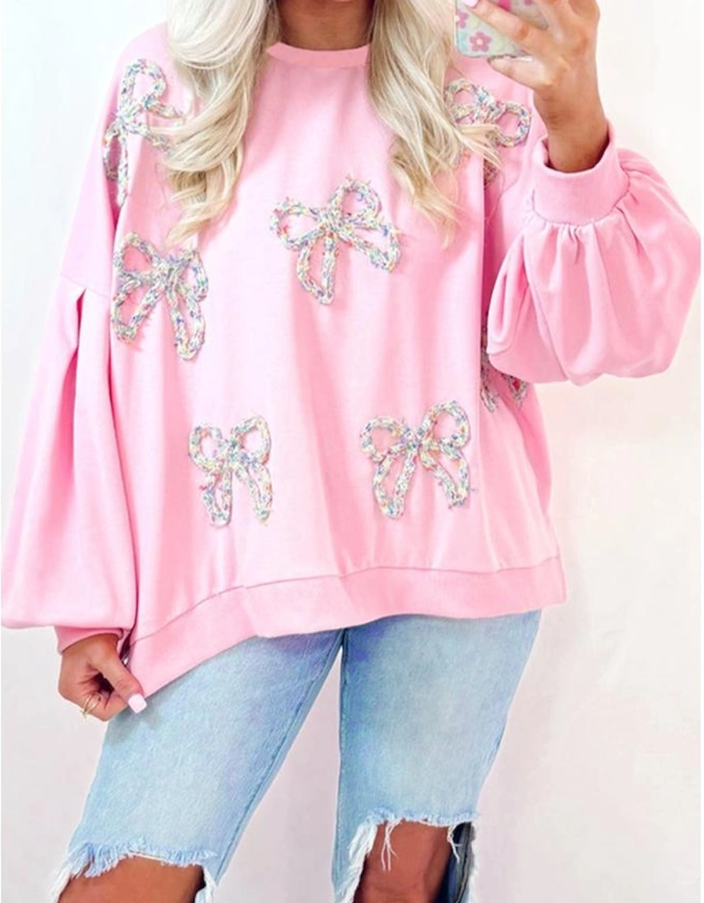 Light Pink Embroidered Bow Lantern Sleeve Oversized Pullover Sweatshirt