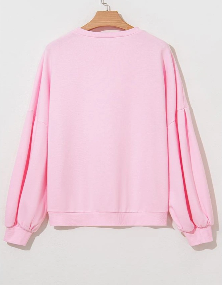 Light Pink Embroidered Bow Lantern Sleeve Oversized Pullover Sweatshirt