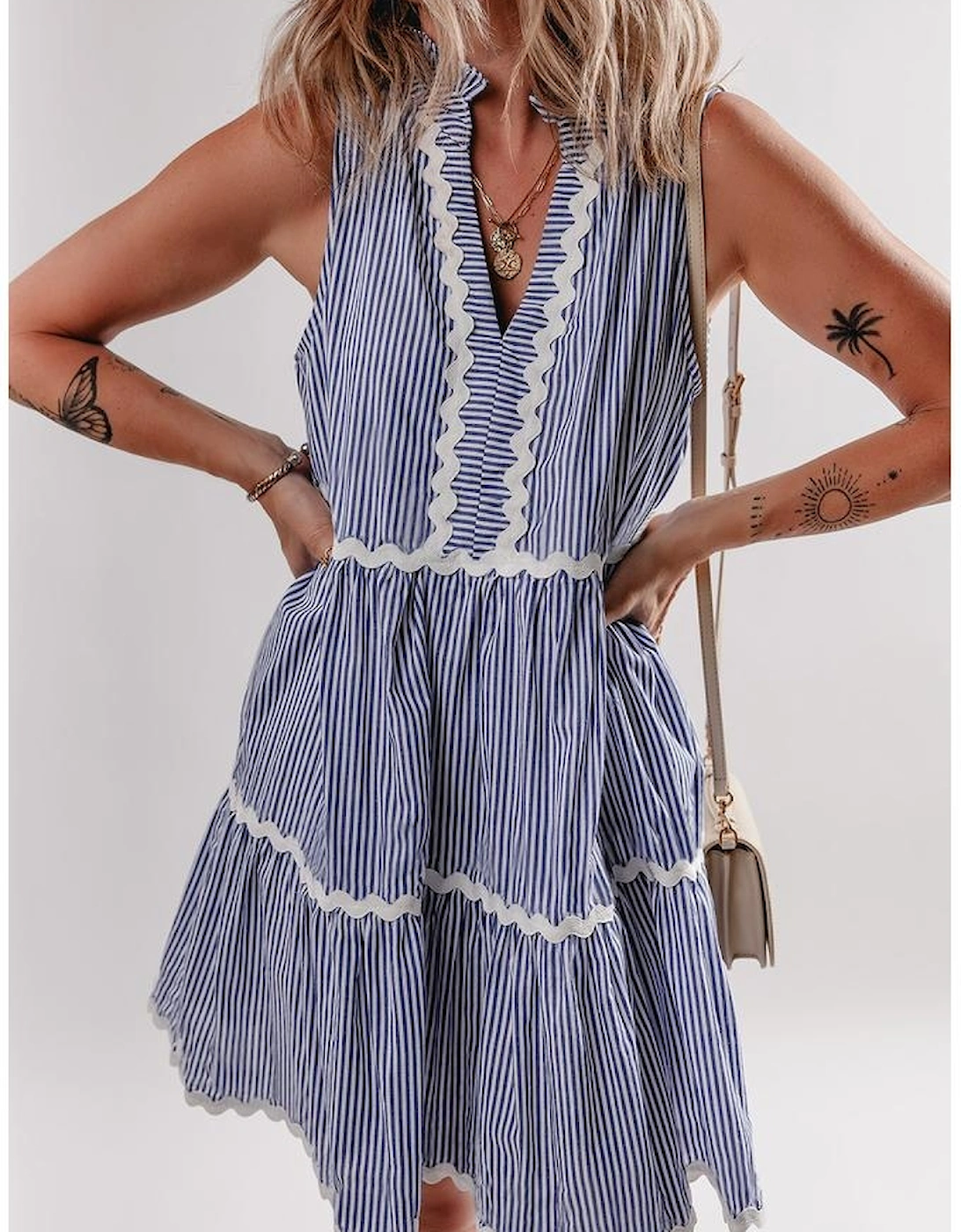 Blue Stripe Sleeveless Notched V Neck Contrast Ric Rac Mini Dress