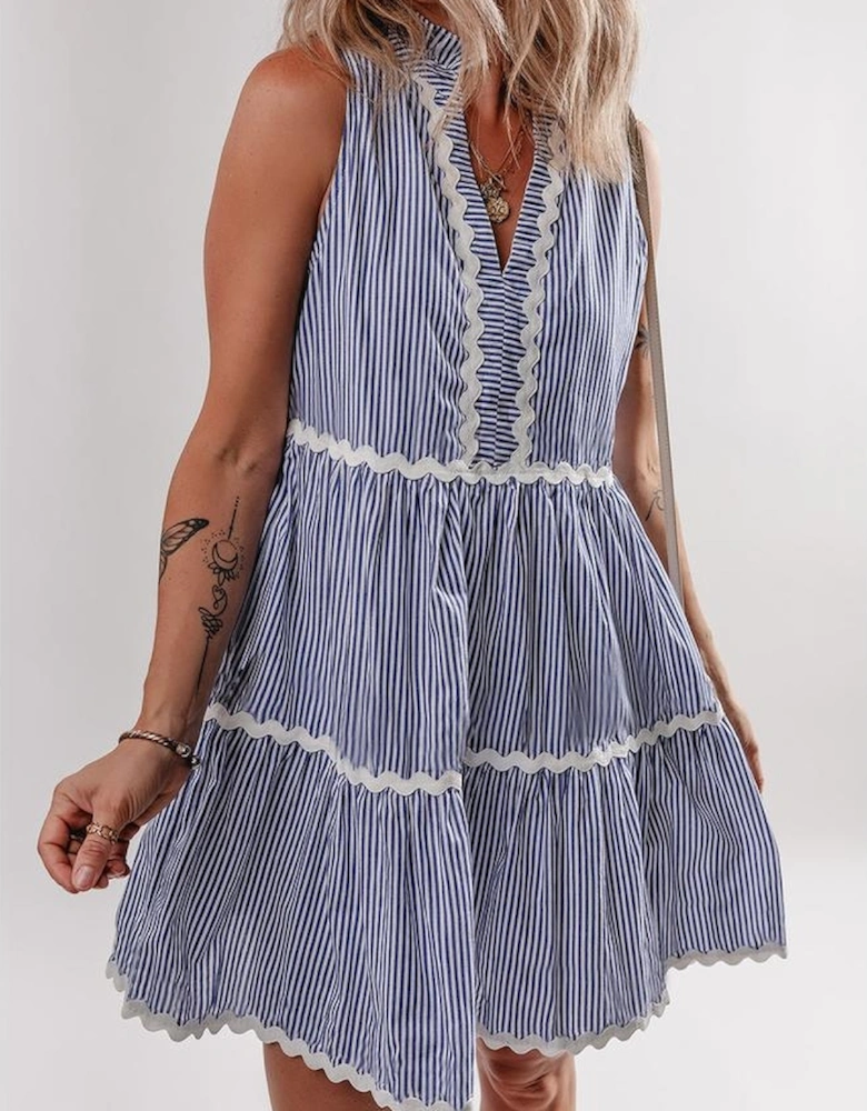 Blue Stripe Sleeveless Notched V Neck Contrast Ric Rac Mini Dress