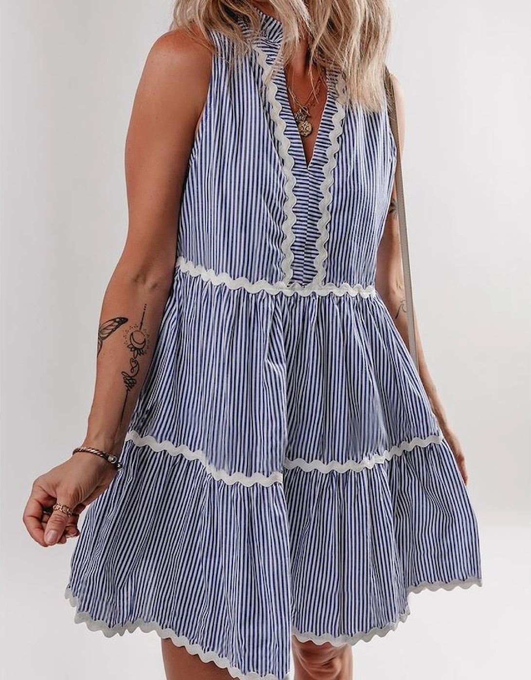 Blue Stripe Sleeveless Notched V Neck Contrast Ric Rac Mini Dress