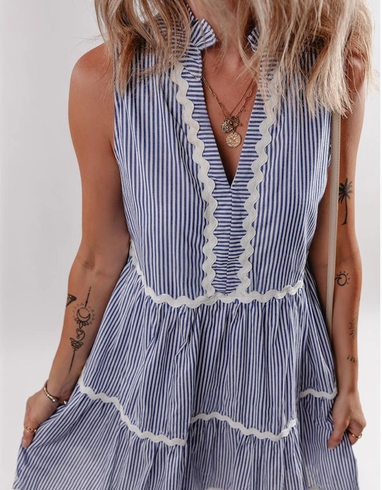 Blue Stripe Sleeveless Notched V Neck Contrast Ric Rac Mini Dress