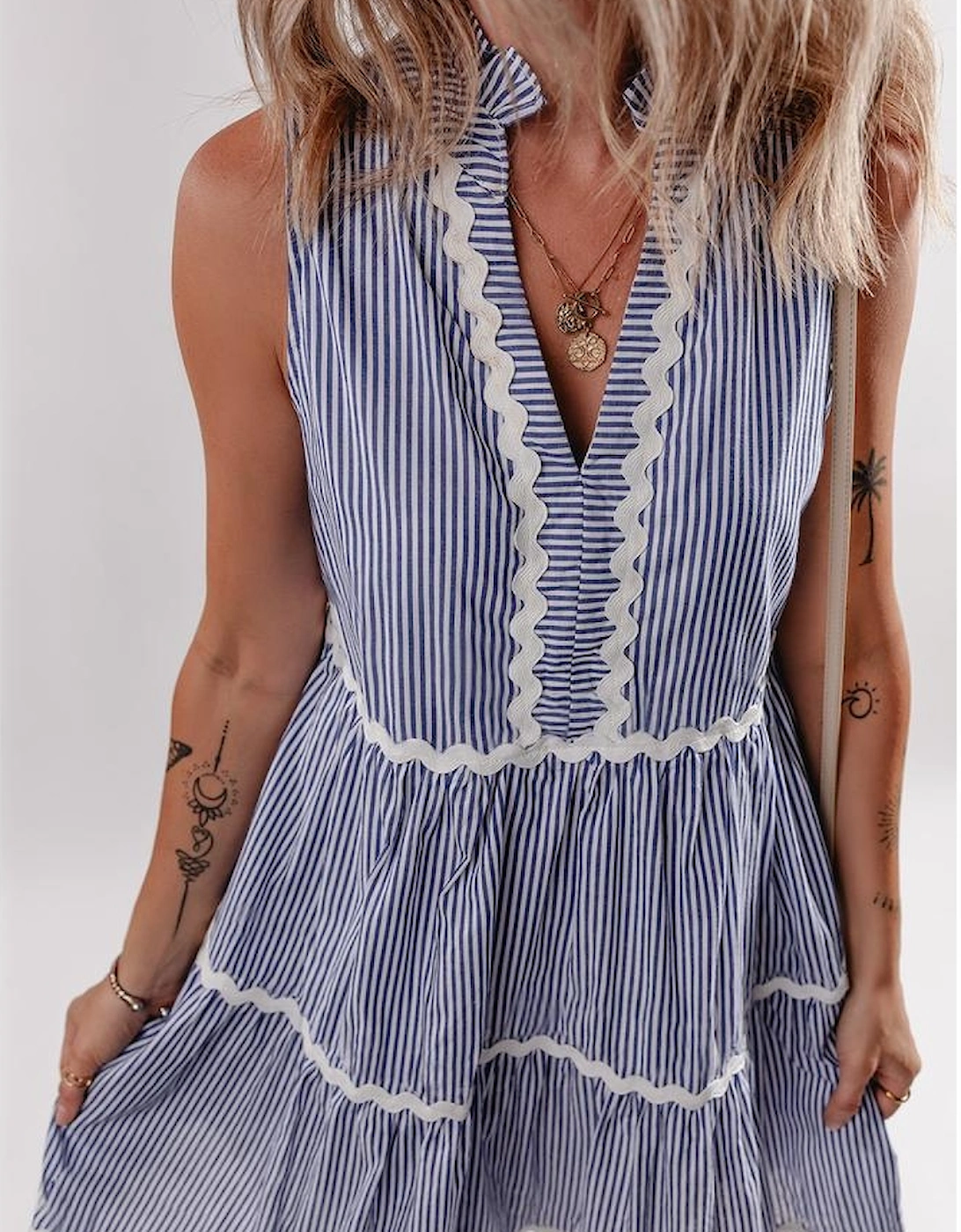 Blue Stripe Sleeveless Notched V Neck Contrast Ric Rac Mini Dress