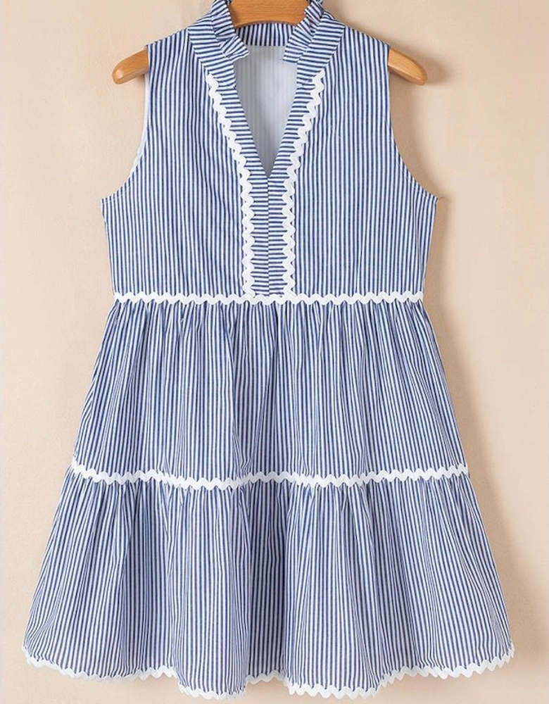 Blue Stripe Sleeveless Notched V Neck Contrast Ric Rac Mini Dress