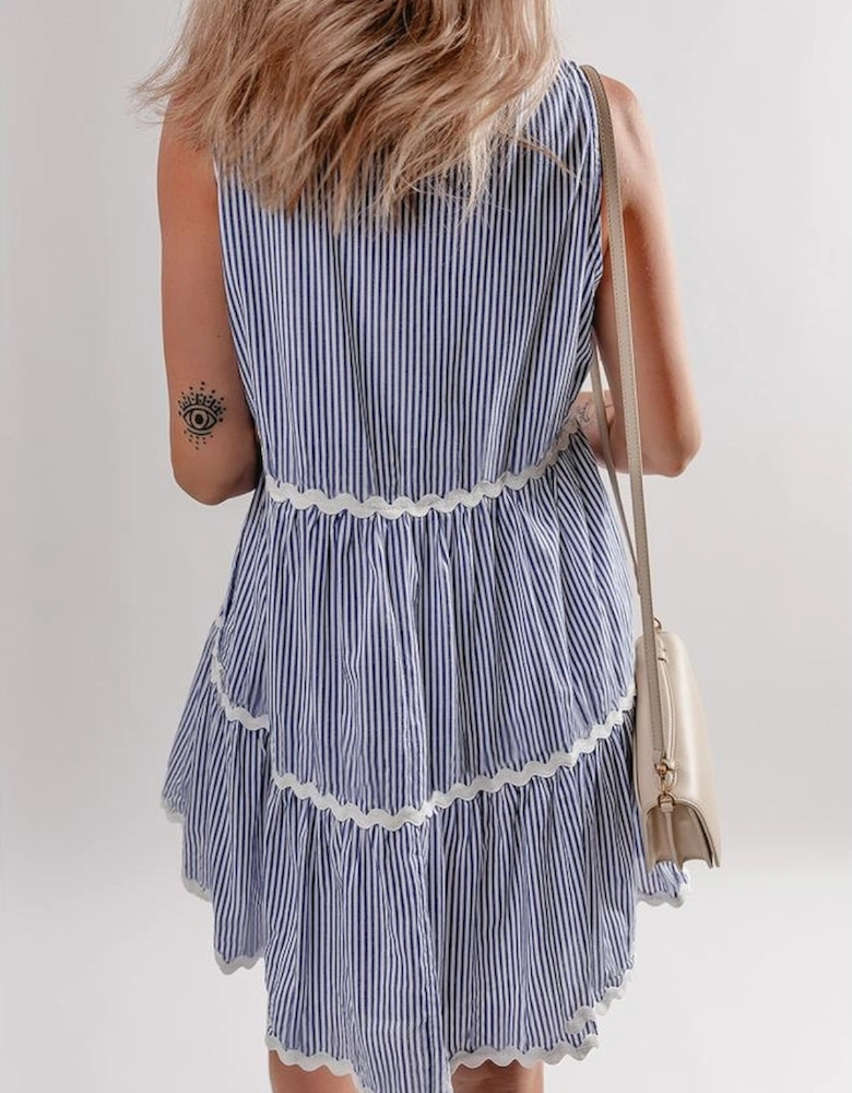 Blue Stripe Sleeveless Notched V Neck Contrast Ric Rac Mini Dress