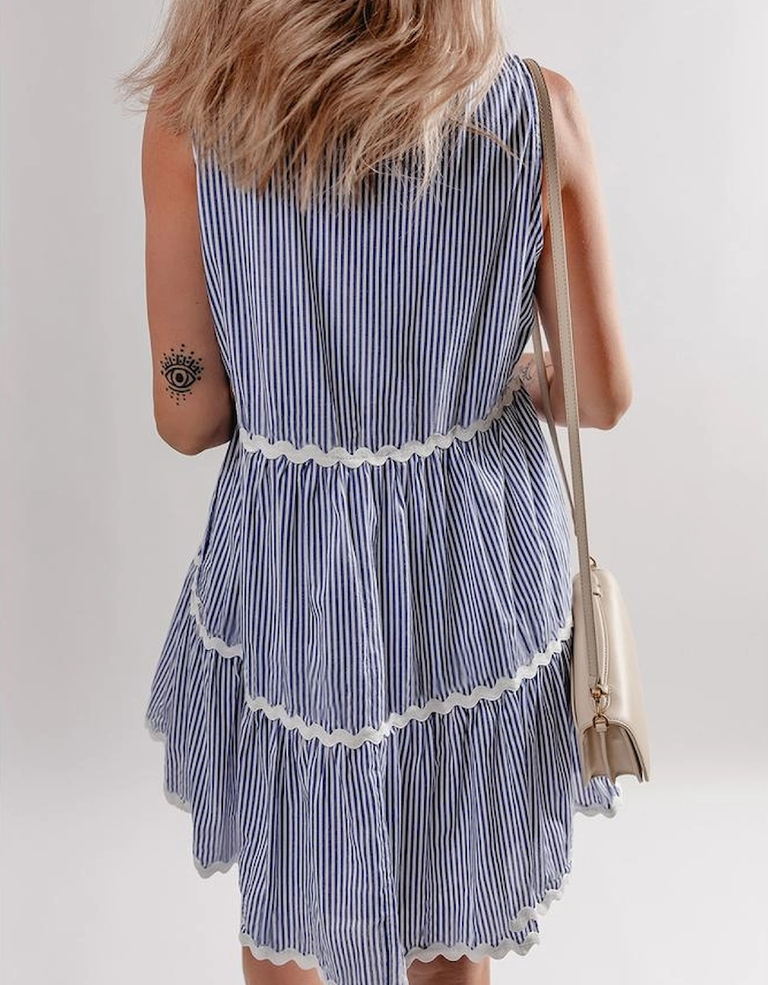 Blue Stripe Sleeveless Notched V Neck Contrast Ric Rac Mini Dress, 15 of 14