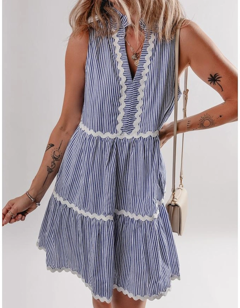 Blue Stripe Sleeveless Notched V Neck Contrast Ric Rac Mini Dress