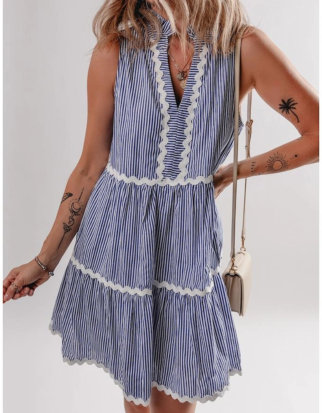 Blue Stripe Sleeveless Notched V Neck Contrast Ric Rac Mini Dress