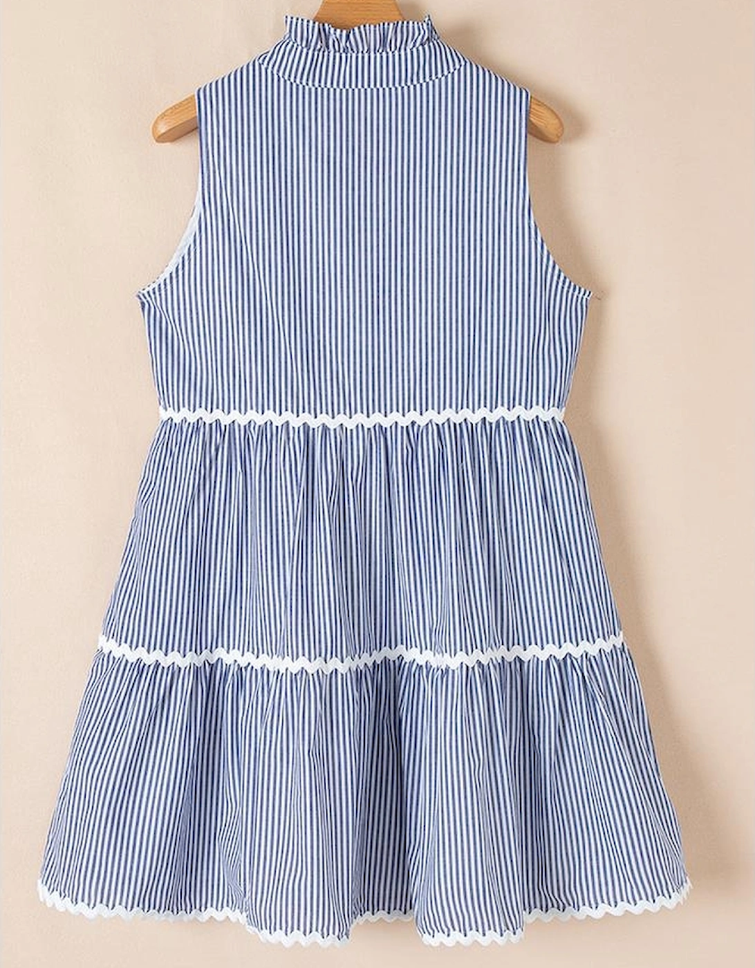 Blue Stripe Sleeveless Notched V Neck Contrast Ric Rac Mini Dress
