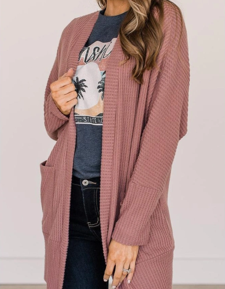 Mineral Red Solid Color Waffle Knit Cardigan with Pocket