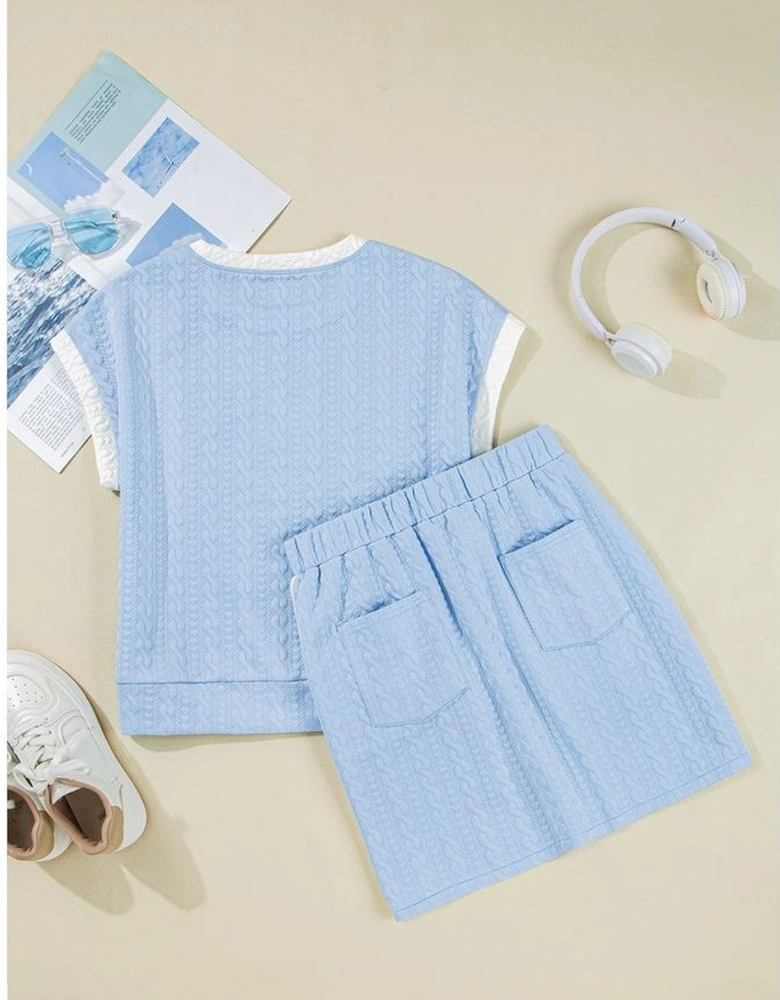 Beau Blue Contrast Trim Textured Crewneck Tee and Pocketed Skirt Set