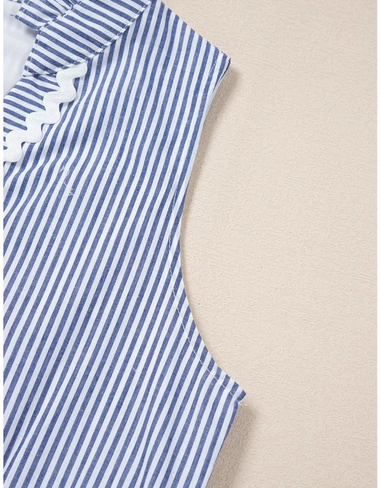 Blue Stripe Sleeveless Notched V Neck Contrast Ric Rac Mini Dress